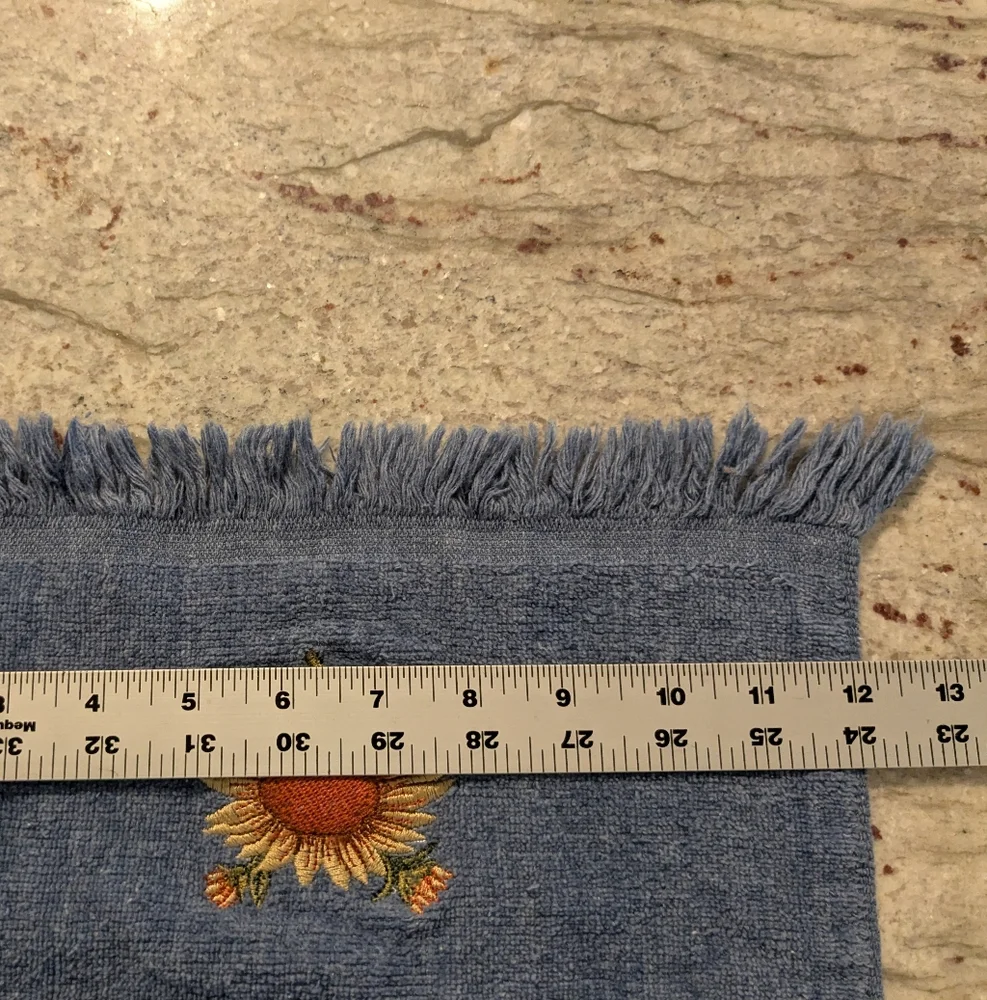 Sunflower Embroidered Vintage Avanti 100% Cotton Towel Set Blue 3 Pieces Fringe